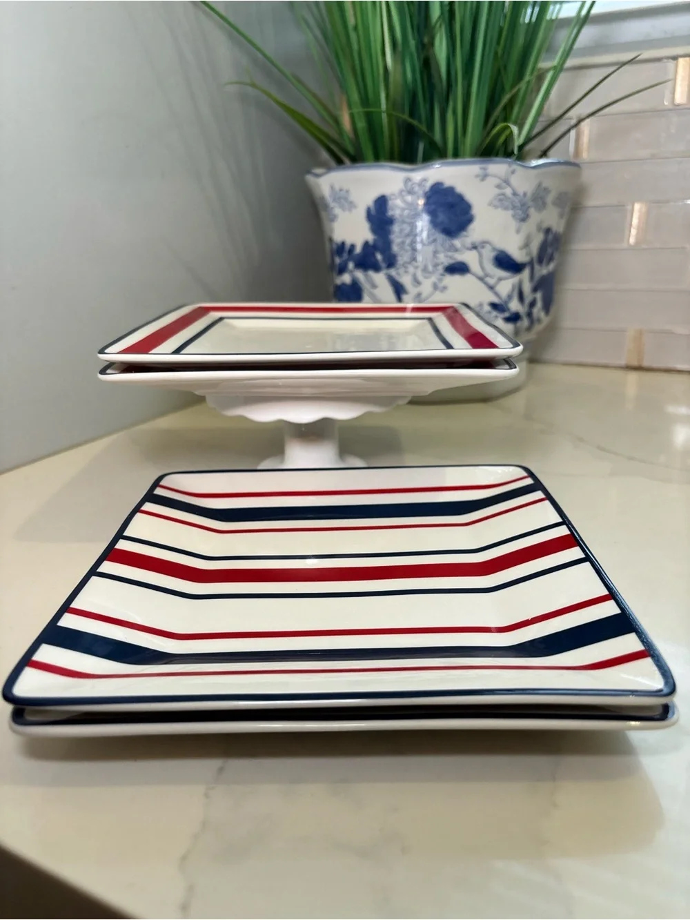 Tommy Hilfiger Square Appetizer 4 Plate Set Red White Blue Striped Ceramic 7”